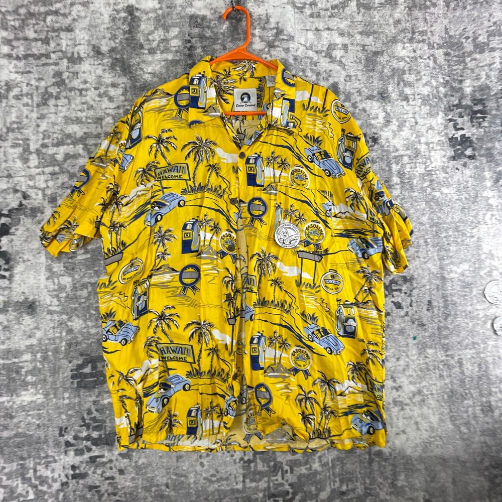 Vtg Ocean Current Mens Large Hawaiian Shirt Gasoline Motor Oil Car Rayon Yellow